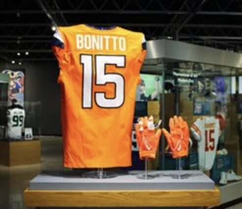 Nik Bonitto's jersey and gloves in the Hall of Fame.